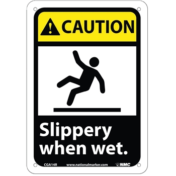 NMC Caution Sign, Slippery When Wet, Graphic Included, 10&#39;&#39; x 7&#39;&#39;, Rigid Plastic, Black on Yellow