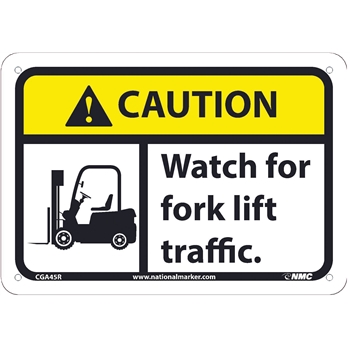 NMC Caution Sign, Watch For Fork Lift Traffic, 7&#39;&#39; x 10&#39;&#39;, Rigid Plastic, Black on Yellow