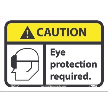 NMC Caution Sign, Eye Protection Required, 7&#39;&#39; x 10&#39;&#39;, Pressure Sensitive Vinyl, Black on Yellow