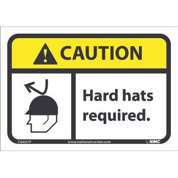 NMC Caution Sign, Hard Hats Required ,7&#39;&#39; x 10&#39;&#39;, Pressure Sensitive Vinyl, Black on Yellow