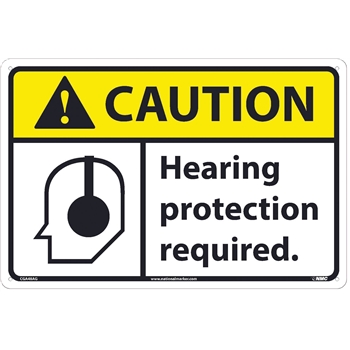 NMC Caution Sign, Hearing Protection Required ,12&#39;&#39; x 18&#39;&#39;, Aluminum, Black on Yellow