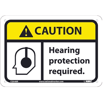 NMC Caution Sign, Hearing Protection Required ,7&#39;&#39; x 10&#39;&#39;, Rigid Plastic, Black on Yellow