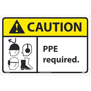 NMC™ Caution Sign, PPE Required, 12&#39;&#39; x 18&#39;&#39;, Aluminum, Black on Yellow