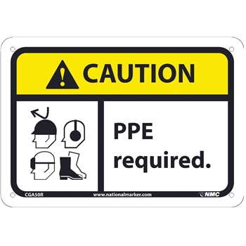 NMC Caution Sign, PPE Required, 7&#39;&#39; x 10&#39;&#39;, Rigid Plastic, Black on Yellow