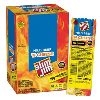Slim Jim Beef and Cheese Sticks, 1.5 oz, 18/Pack