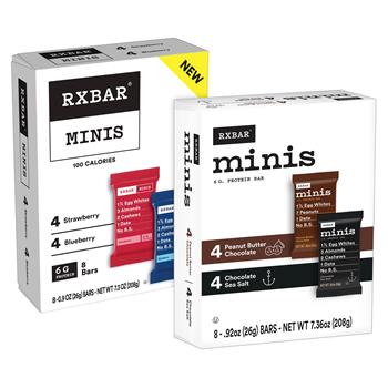 RX Bar Minis Variety Pack, Chocolate Sea Salt/PB Chocolate/Strawberry/Blueberry, 0.9-0.92 oz, 4 Bars/Pack, 2 Packs