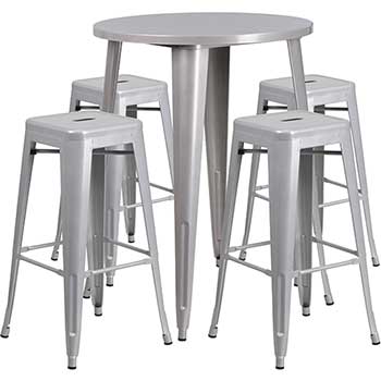 Flash Furniture Indoor/Outdoor Bar Table Set with 4 Square Seat Backless Stools, 30 in Round, Metal, Silver