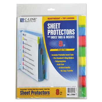 C-Line Sheet Protectors with Index Tabs, Assorted Color Tabs, 2&quot;, 11 x 8 1/2, 8/ST