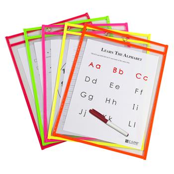 C-Line Reusable Dry Erase Pockets, 9 x 12, Assorted Neon Colors, 10/Pack
