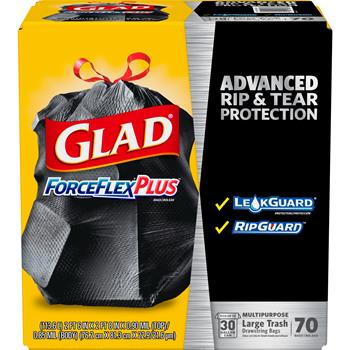 Glad&#174; Large Drawstring Trash Bags, ForceFlexPlus 30 Gallon Black Trash Bag, 70 Count