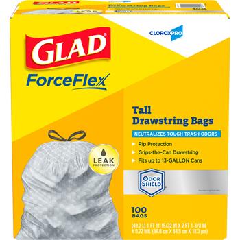 CloroxPro Glad ForceFlex Tall Kitchen Drawstring Trash Bags, 13 Gallon, Grey, 100 Bags/Box