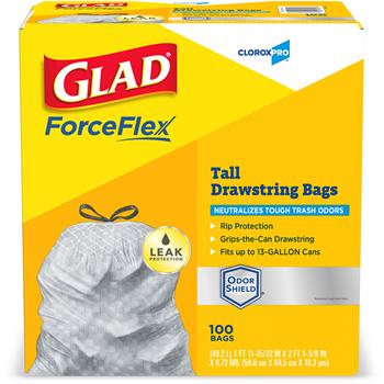 Glad&#174; ForceFlex Tall Kitchen Drawstring Trash Bags, 13 Gallon Grey Trash Bag, 100 Count