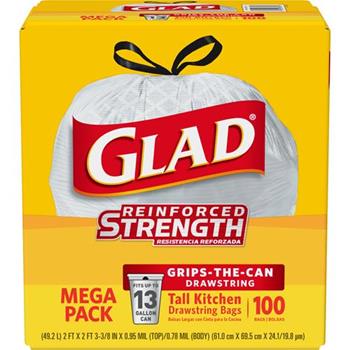Glad&#174; ForceFlex Tall Kitchen Drawstring Trash Bags, 13 Gallon, White, 100/Box, 4/Carton