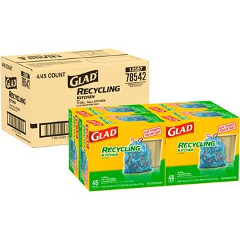 Glad&#174; Tall Kitchen Drawstring Recycling Bags, 13 Gallon Blue Trash Bag, 45/Box, 4/Carton