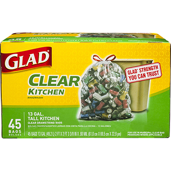 Glad&#174; Tall Kitchen Drawstring Recycling Bags, 13 Gallon, Clear, 45/BX