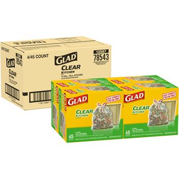 Glad&#174; Tall Kitchen Drawstring Recycling Bags, 13 Gallon Clear Trash Bag, 45/Box, 4/Carton