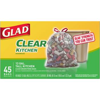 Glad&#174; Tall Kitchen Drawstring Recycling Bags, 13 Gallon Clear Trash Bag, 45/Box