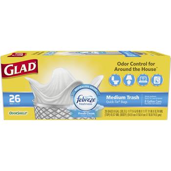 Glad OdorShield Medium Quick-Tie Trash Bags, 8 Gallon, Febreze Fresh Clean, White, 26/Box