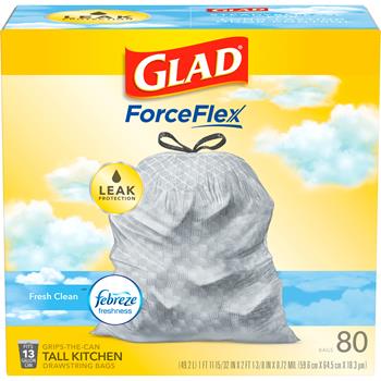 Glad&#174; ForceFlex Tall Kitchen Drawstring Trash Bags, 13 Gallon, Fresh Clean Scent with Febreze Freshness, 80/BX
