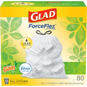 Glad ForceFlex Tall Kitchen Drawstring Trash Bags, 13 Gallon, White, Gain Original Scent with Febreze Freshness, 80/Box, 3/Carton