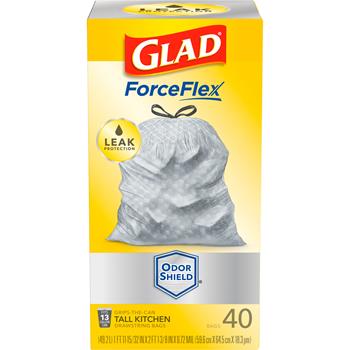 Glad ForceFlex OdorShield Tall Kitchen Drawstring Trash Bags, 13 Gallon, Unscented, Grey, 40 Bags/Box, 6 Boxes/Carton