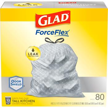 Glad ForceFlex Odorshield Tall Kitchen Drawstring Trash Bags, 13 Gallon, Grey, 80 Bags/Box, 3 Boxes/Carton