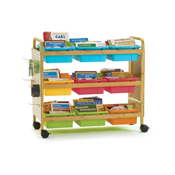 Copernicus Bamboo Book Browser Cart with Vibrant Mixed Tubs, Pegboard Kit, 20 Hooks, Brown