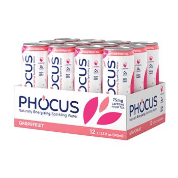 Phocus Caffeinated Sparkling Water, Grapefruit, 11.5 oz. Slim Can, 12/CS