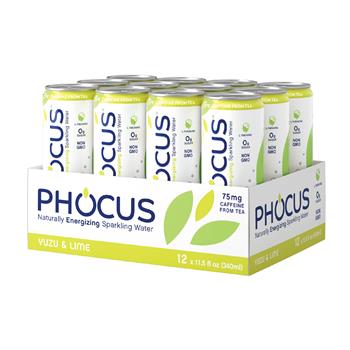 Phocus Caffeinated Sparkling Water, Yuzu &amp; Lime, 11.5 oz. Slim Can, 12/CS
