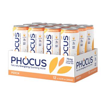 Phocus Caffeinated Sparkling Water, Peach, 11.5 oz. Slim Can, 12/CS