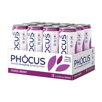 Phocus Caffeinated Sparkling Water, Mixed Berry,  11.5 oz. Slim Can, 12/CS