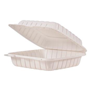 Chef&#39;s Supply Clamshell Container, Mineral Filled Polypropylene, Rectangular, 9&quot; L x 9&quot; W x 3&quot; H, White, 150/Carton