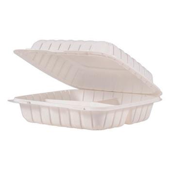 Chef&#39;s Supply Clamshell Container, 3 Compartment, Mineral Filled Polypropylene, Rectangular, 9&quot; L  x 9&quot; W x 3&quot; H, White, 150/Carton