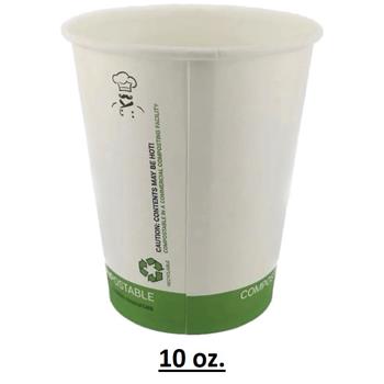 Chef&#39;s Supply Compostable Hot Cups, PLA Lined, 10 oz, White/Green Eco Design, 20 Sleeves Of 50 Cups, 1,000 Cups/Case