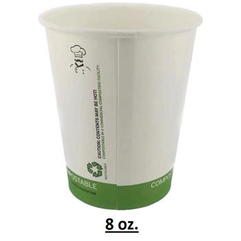 Chef&#39;s Supply Compostable Hot Cups, PLA Lined, 8 oz, White/Green Eco Design, 20 Sleeves Of 50 Cups, 1,000 Cups/Case