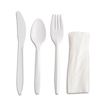 Chef&#39;s Supply Wrapped Disposable Cutlery Catering Kit (Fork, Knives, Spoon, Napkin), Medium Weight, Plastic, White, 250 Kits/Case