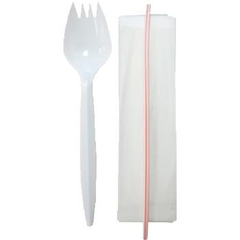 Chef&#39;s Supply Wrapped Disposable Cutlery Catering Kit (Spork, Napkin, Straw), Plastic, White, 1000 Kits/Case