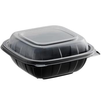 Chef&#39;s Supply Microwaveable Plastic Hinged Container, 1-Compartment, 6 in x 6 in x 3 in, Black/Clear, 250/Case