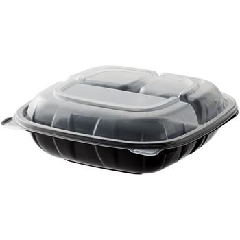 Chef&#39;s Supply Microwaveable Plastic Hinged Container, 3-Compartment, 8 in x 8 in x 3 in, Black/Clear, 100/Case