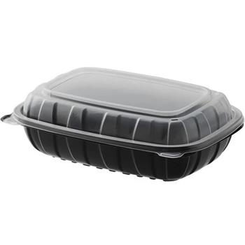 Chef&#39;s Supply Microwaveable Plastic Hinged Container, 1-Compartment, 9 in x 6 in x 3 in, Black/Clear, 100/Case