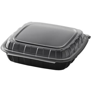 Chef&#39;s Supply Microwaveable Plastic Hinged Container, 1-Compartment, 9 in x 9 in x 3 in, Black/Clear, 100/Case