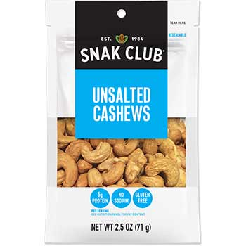 Snak Club Unsalted Cashews, 3 oz., 6/CS