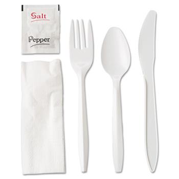 Safe Guard Wrapped Cutlery Kit, Fork/Knife/Spoon/Napkin/Salt/Pepper, Polypropylene, White, 250/Carton