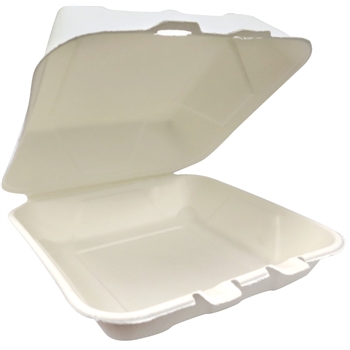 Chef&#39;s Supply Compostable Clamshell, Bagasse, Square, 9&quot; L x 9&quot; W, White, 200/Case