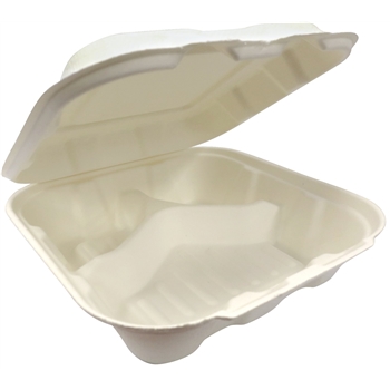 Chef&#39;s Supply Compostable Bagassee Clamshell, 3-Compartment, 9&quot; x 9&quot;, White, 200/CS