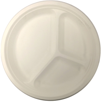 Chef&#39;s Supply Compostable Bagassee Plate,3-Compartment, 9 in Round, White 500/Case