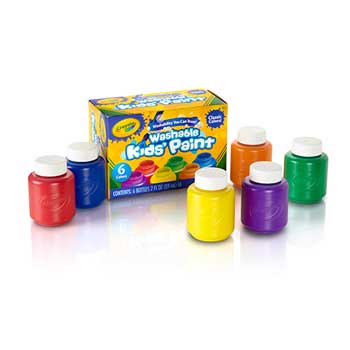 Crayola Washable Kids&#39; Paint, 2 oz. Bottles, Assorted Colors, Non-Peggable, 6/ST