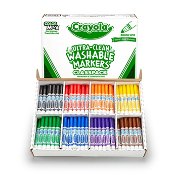 Crayola Ultra-Clean Washable&#174; Broad Line Markers Classpackwith 12 Extra Caps, 8 Colors, 200/BX