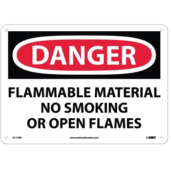 NMC Danger Sign, Flammable Material No Smoking Or Open Flames, 10&#39;&#39; x 14&#39;&#39;, Rigid Plastic