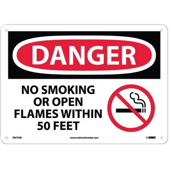 NMC Danger Sign, No Smoking Or Open Flames Within 50 Feet, 10&#39;&#39; x 14&#39;&#39;, Aluminum